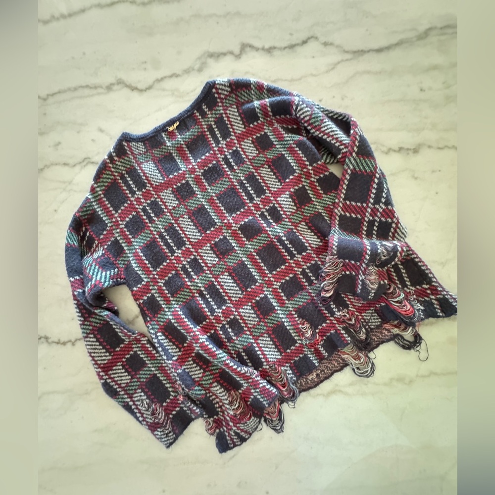 Wildfox White Label Lennon Distressed Plaid Sweater Small Wool Oversized Boho - Picture 4 of 14